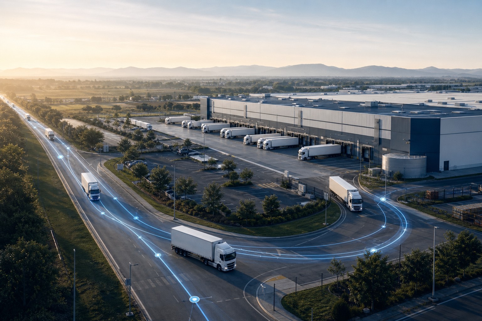 Distribution center and delivery fleet with route-analysis paths